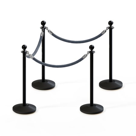 MONTOUR LINE Stanchion Post and Rope Kit Black, 4 Ball Top3 Gray Rope C-Kit-4-BK-BA-3-PVR-GY-PS